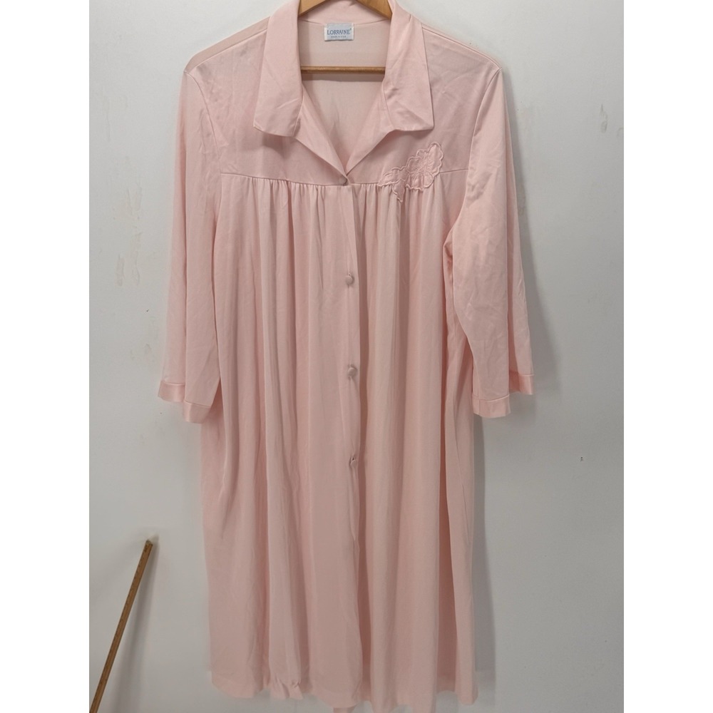 Vintage Lorraine Nightgown Housecoat Pink Embroidered 3/4 Sleeve Size 1x USA